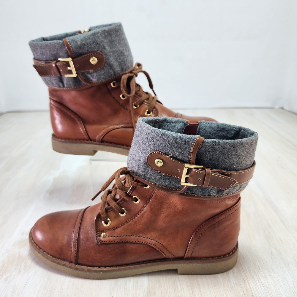 Tommy Hilfiger Womens Brown Cap Toe Combat Boots Grey Felt Cuff Size 9.5M - Picture 5 of 9